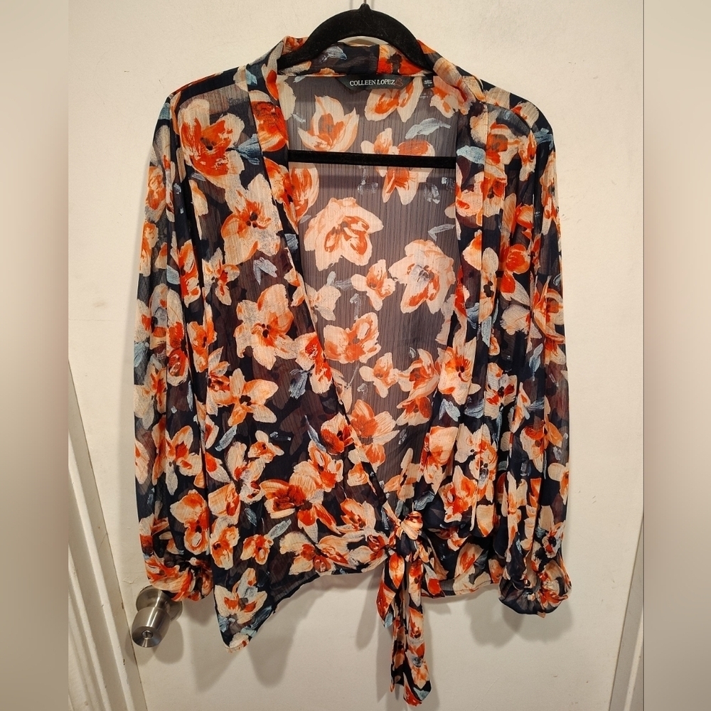 Colleen Lopez Floral Chiffon Tie Front Batwing Sleeve Cardigan Jacket Sz S Boho